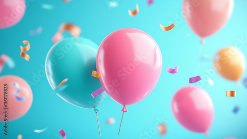 Obraz na płótnie Colorful balloons float against bright blue background, surrounded by festive confetti. This vibrant scene captures joy and excitement of celebrations w salonie