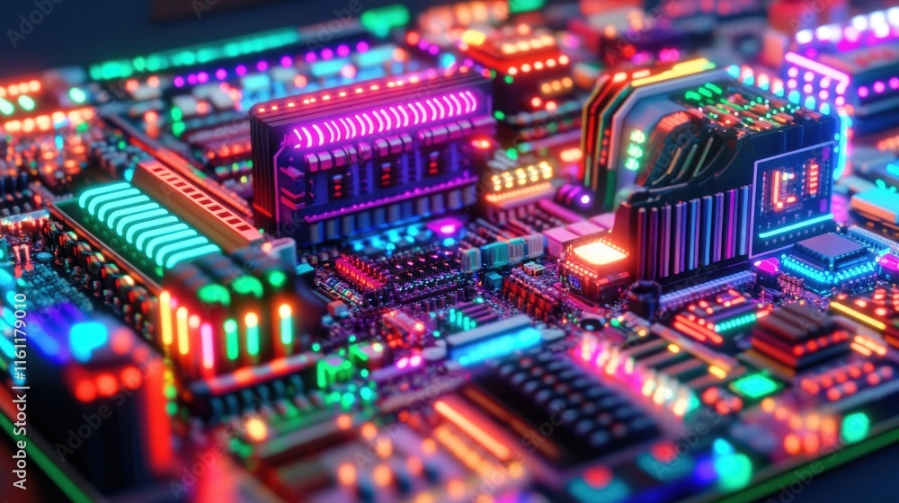 Obraz premium Vibrant neon-lit circuit board close-up.