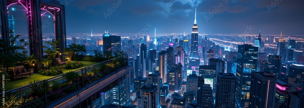 Fototapeta premium Rooftop Garden with City Skyline View at Dusk