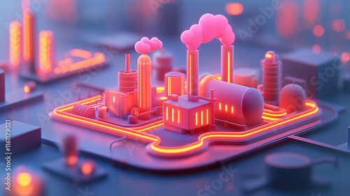 vibrant industrial scene featuring glowing factories and smokestacks, showcasing futuristic cityscape with neon lights and colorful smoke photo