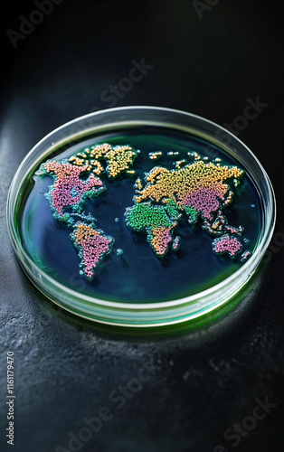 Creative World Map in a Petri Dish Using Colorful Bacterial Colonies to Depict Continents and Highlight Science and Art photo