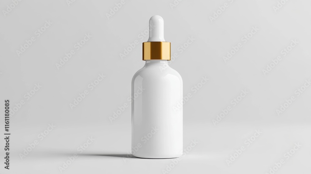 A sleek white dropper bottle featuring a luxurious gold cap stands prominently against a soft, minimalistic background, highlighting its stylish design A sleek white dropper bottle featuring a luxurious gold cap stands prominently against a soft, minimalistic background, highlighting its stylish design