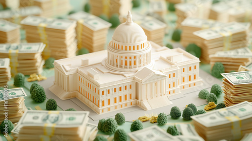 detailed model of government building surrounded by stacks of cash, symbolizing wealth and power. scene conveys sense of financial abundance and political influence