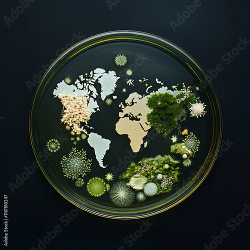 Creative World Map in a Petri Dish Using Colorful Bacterial Colonies to Depict Continents and Highlight Science and Art photo