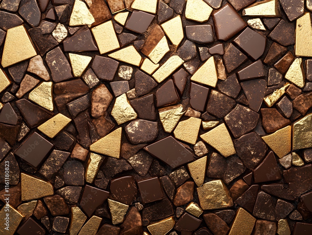 A close-up view of a decorative mosaic pattern featuring an array of brown and golden tiles, showcasing intricate textures and colors ideal for design and architecture projects. A close-up view of a decorative mosaic pattern featuring an array of brown and golden tiles, showcasing intricate textures and colors ideal for design and architecture projects.