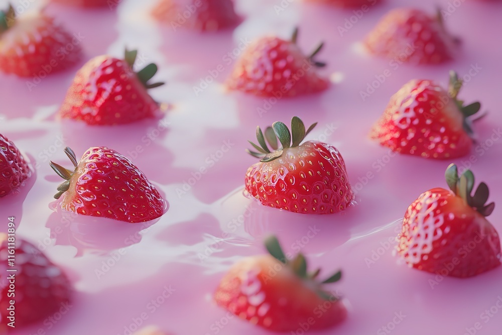 Fresh strawberries floating in pink liquid, a vibrant and delicious image. Fresh strawberries floating in pink liquid, a vibrant and delicious image.