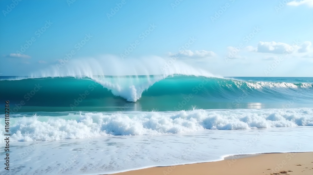 Blue ocean handsome wave, white sea foam, seascape, deserted sandy beach Blue ocean handsome wave, white sea foam, seascape, deserted sandy beach