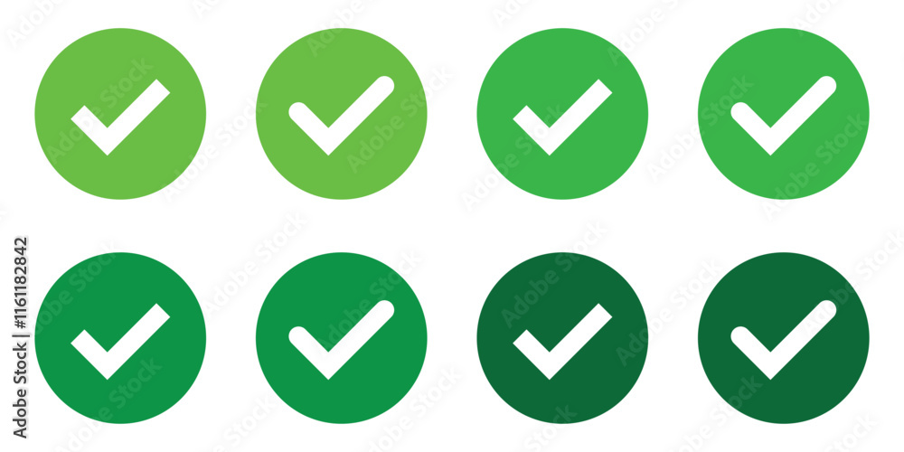 Green check mark icon set. Tick symbols, checklist signs, vector illustration. Green check mark icon set. Tick symbols, checklist signs, vector illustration.