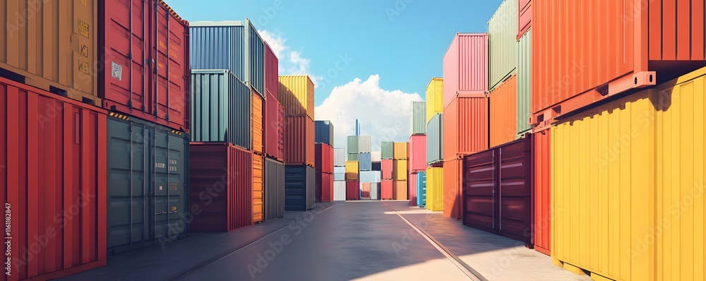 Fototapeta premium A vibrant scene of stacked shipping containers lining a wide alley under a clear blue sky, showcasing the dynamic logistics of global trade and transport.