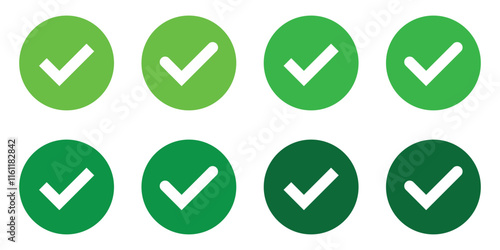 Green check mark icon set. Tick symbols, checklist signs, vector illustration. 