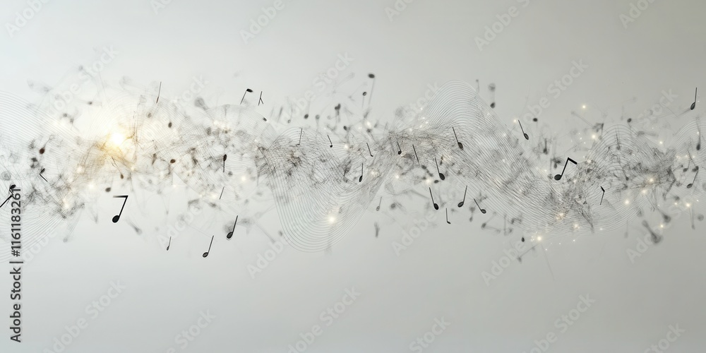 Obraz premium Floating music notes mix with luminous particles, illustrating the essence of sound and creativity in an elegant abstract composition
