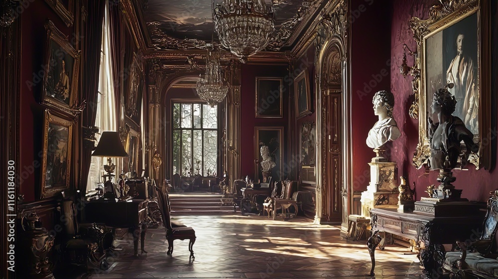 Fototapeta premium An opulent interior of a grand hall featuring ornate decorations, rich red walls adorned with classical paintings, and elegant furnishings. The room is illuminated by natural light streaming through l