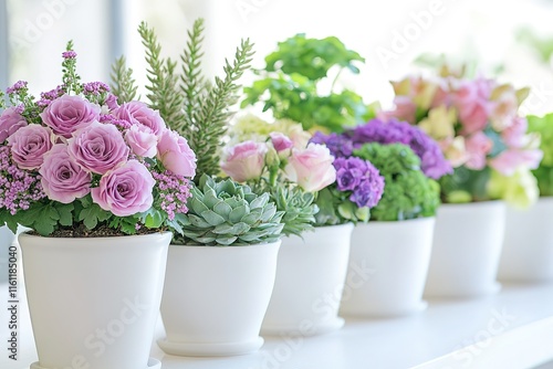 Wallpaper Mural Assortment of potted flowers and succulents in pastel colors arranged on a white surface. Torontodigital.ca