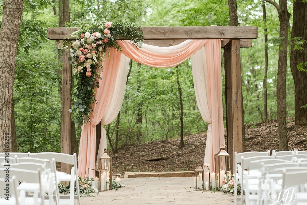 Elegant outdoor wedding ceremony setup with peach fabric draping and floral arrangements. Elegant outdoor wedding ceremony setup with peach fabric draping and floral arrangements.