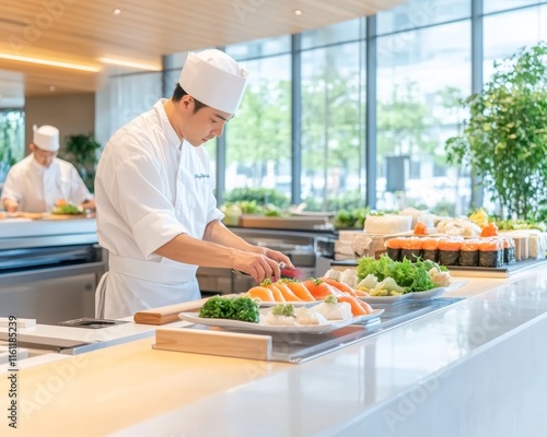 Sushi Chef Preparing Fresh Salmon for Buffet photo