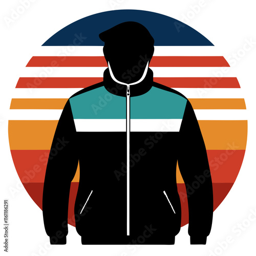 Windbreaker silhouette on retro stipe background