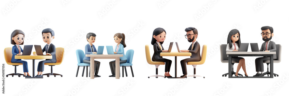 Fototapeta premium A 3D icon of a businessman and businesswoman working together at a table with laptops, on a transparent background