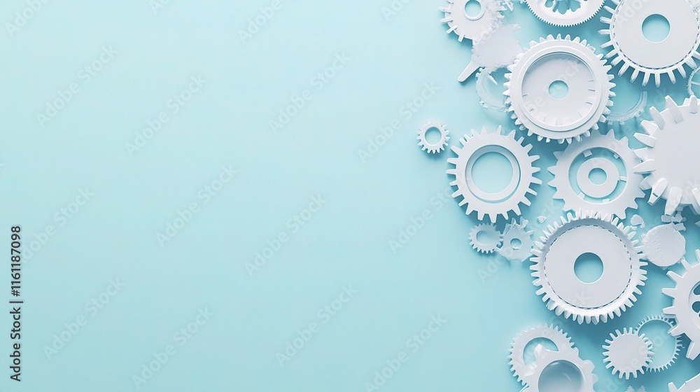 Abstract Background Featuring White Gears on Light Blue Surface Abstract Background Featuring White Gears on Light Blue Surface