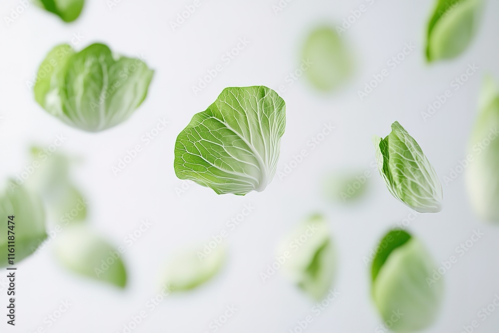 Obraz premium Fresh cabbage leaves floating in mid-air against a white background. A vibrant and healthy image, perfect for food or health-related content.