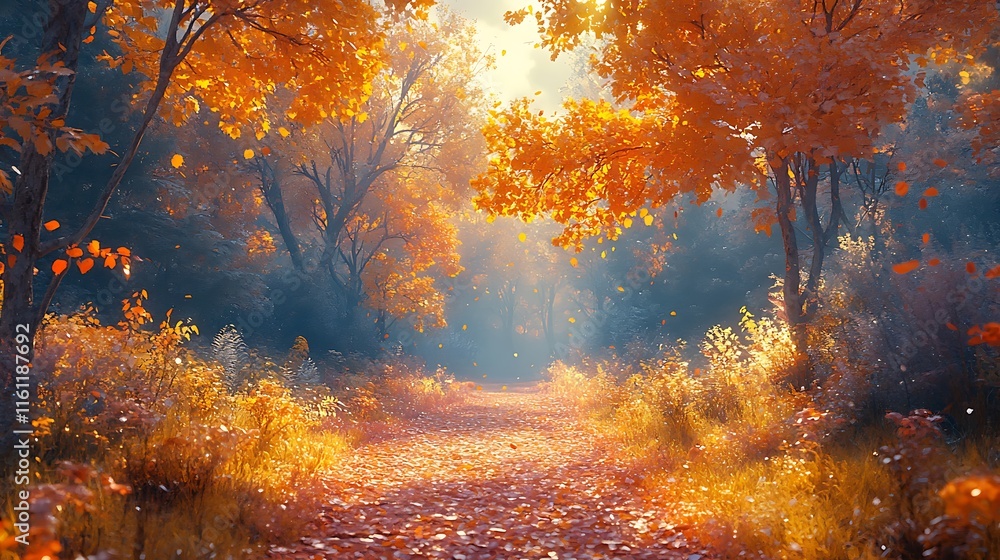 Radiant Showcasing Golden Autumn Pathway and Bright Sunlight Background Radiant Showcasing Golden Autumn Pathway and Bright Sunlight Background