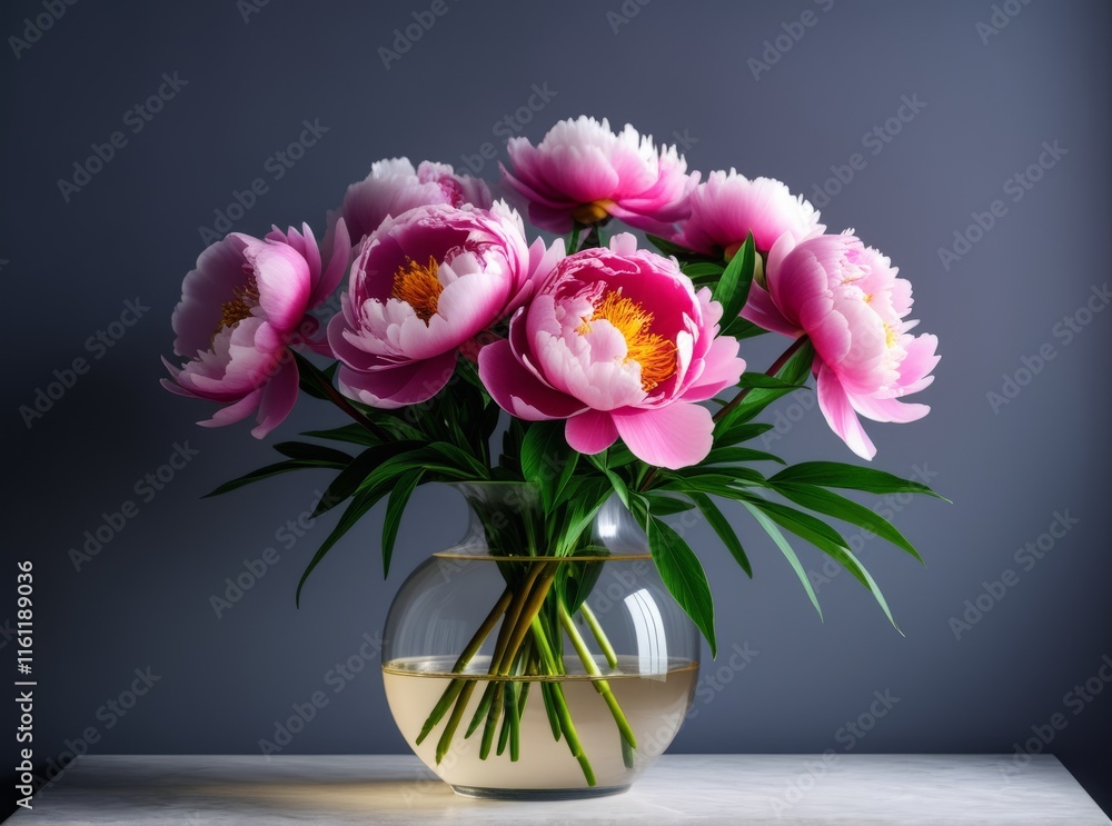Beautiful bouquet of pink peonies in a glass vase on a simple table against a gray background Beautiful bouquet of pink peonies in a glass vase on a simple table against a gray background