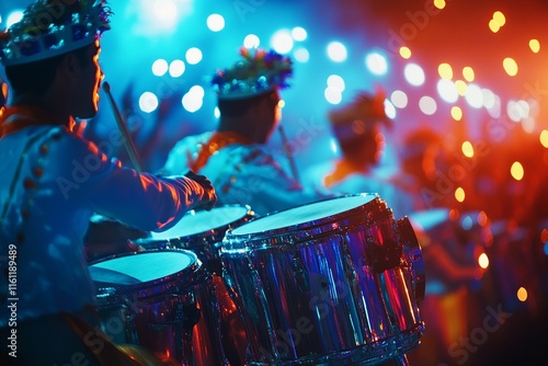 This professional capture showcases a samba school drumline at the Sambódromo, their synchronized beats creating a lively atmosphere surrounded by extravagant carnival floats and energetic dancers. photo