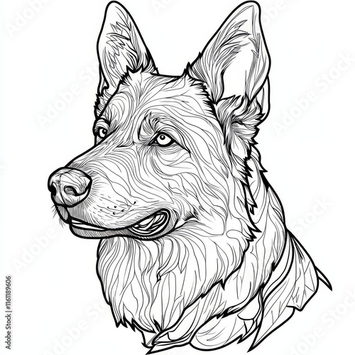 German Shepherd Line Art Portrait: A detailed line drawing of a German Shepherd's head, capturing the breed's iconic sharp features and intelligent gaze. photo