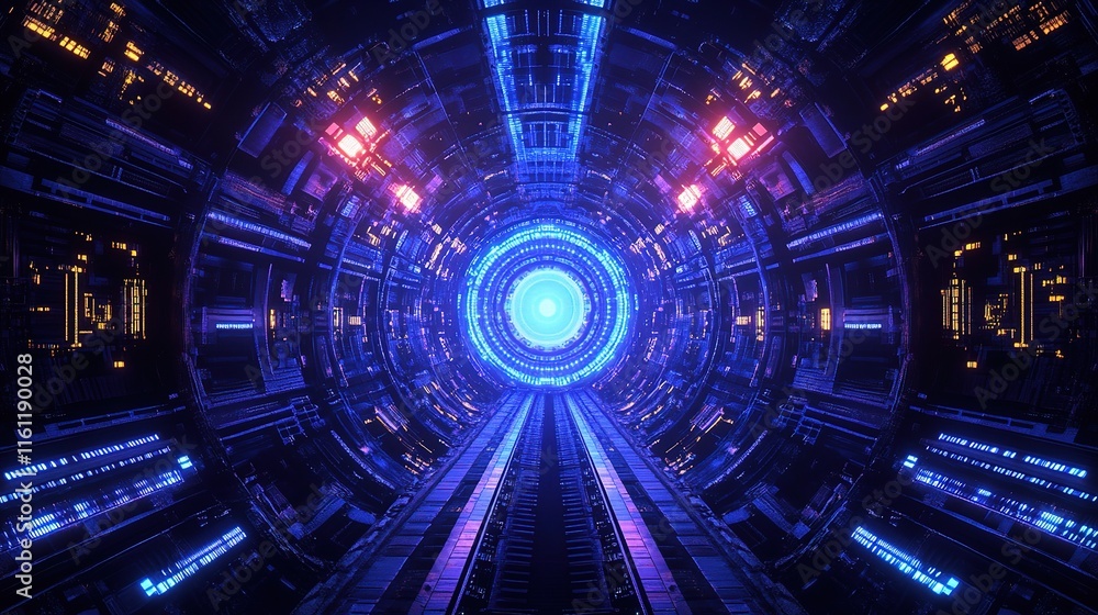 Cyberpunk Corridor: Glowing neon lights illuminate a futuristic spaceship corridor, creating a mesmerizing and otherworldly atmosphere. Cyberpunk Corridor: Glowing neon lights illuminate a futuristic spaceship corridor, creating a mesmerizing and otherworldly atmosphere.
