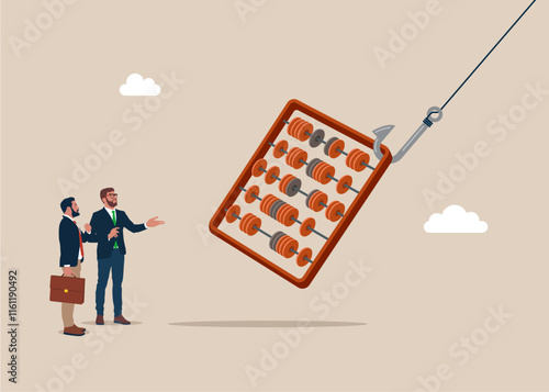 Abacus for calculations on fishing hook. Account fraud. Modern vector illustration in flat style