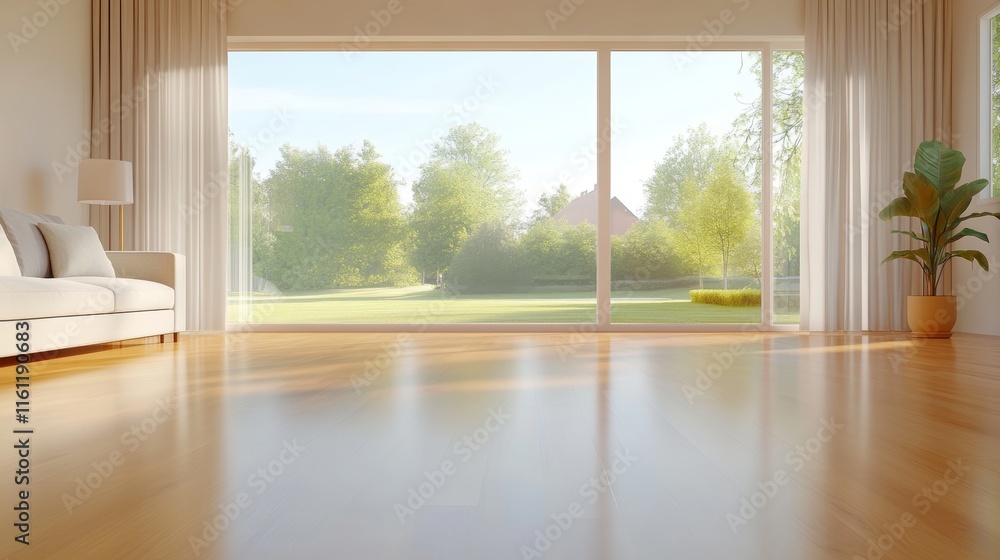 Modern Living Room with Large Window and Garden View. Modern Living Room with Large Window and Garden View.