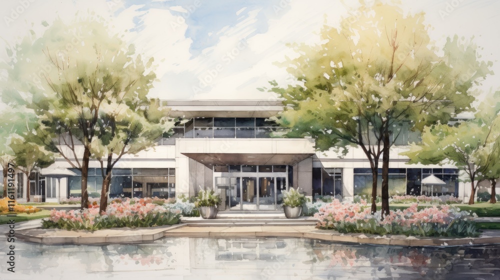 Fototapeta premium Serene Architectural Watercolor: Modern Building Amidst Lush Greenery