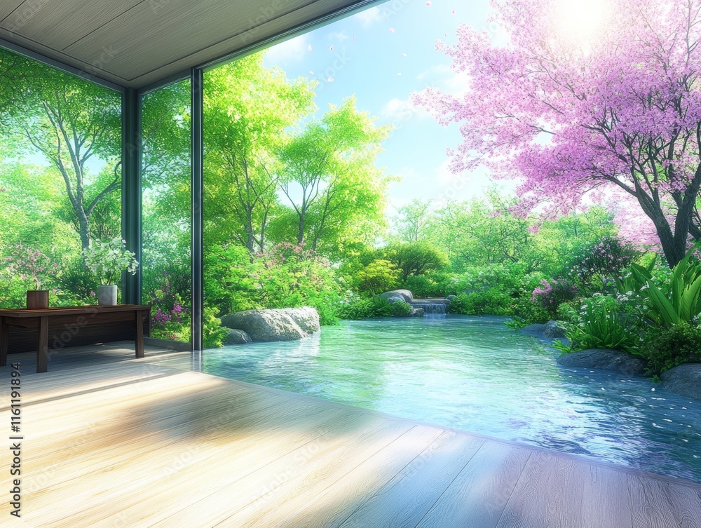 Fototapeta premium Serene Garden View from Modern Interior.