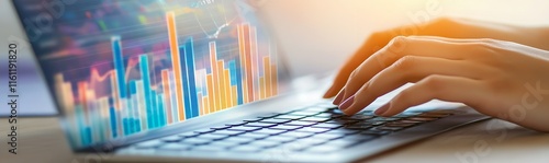 A Close-Up of Hands Typing on a Keyboard with Digital Graphs photo