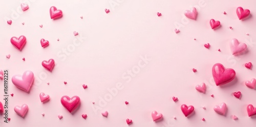 Scatter of pink hearts in a whimsical pattern against a light colored backdrop, perfect for Valentine's Day, background, pastel