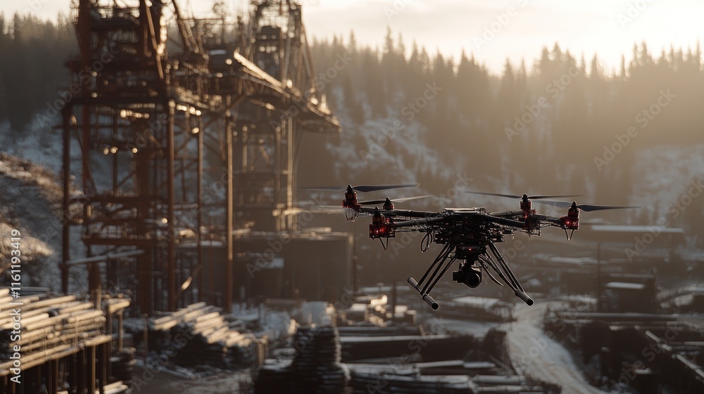 Fototapeta premium Drone Flight Over Lumber Mill at Sunset