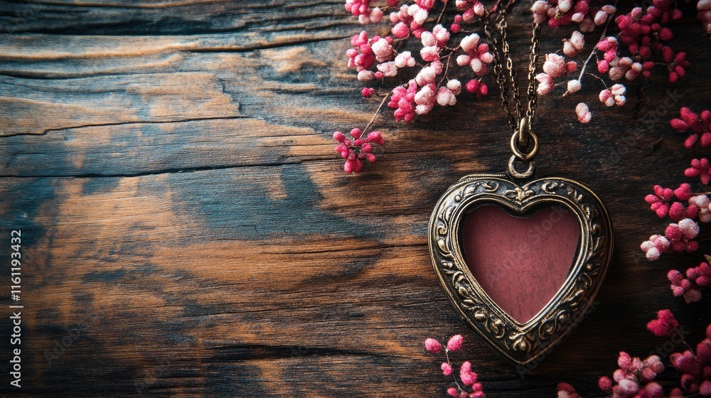 Ornate Heart Pendant Rests on Rustic Wooden Background with Flowers Ornate Heart Pendant Rests on Rustic Wooden Background with Flowers