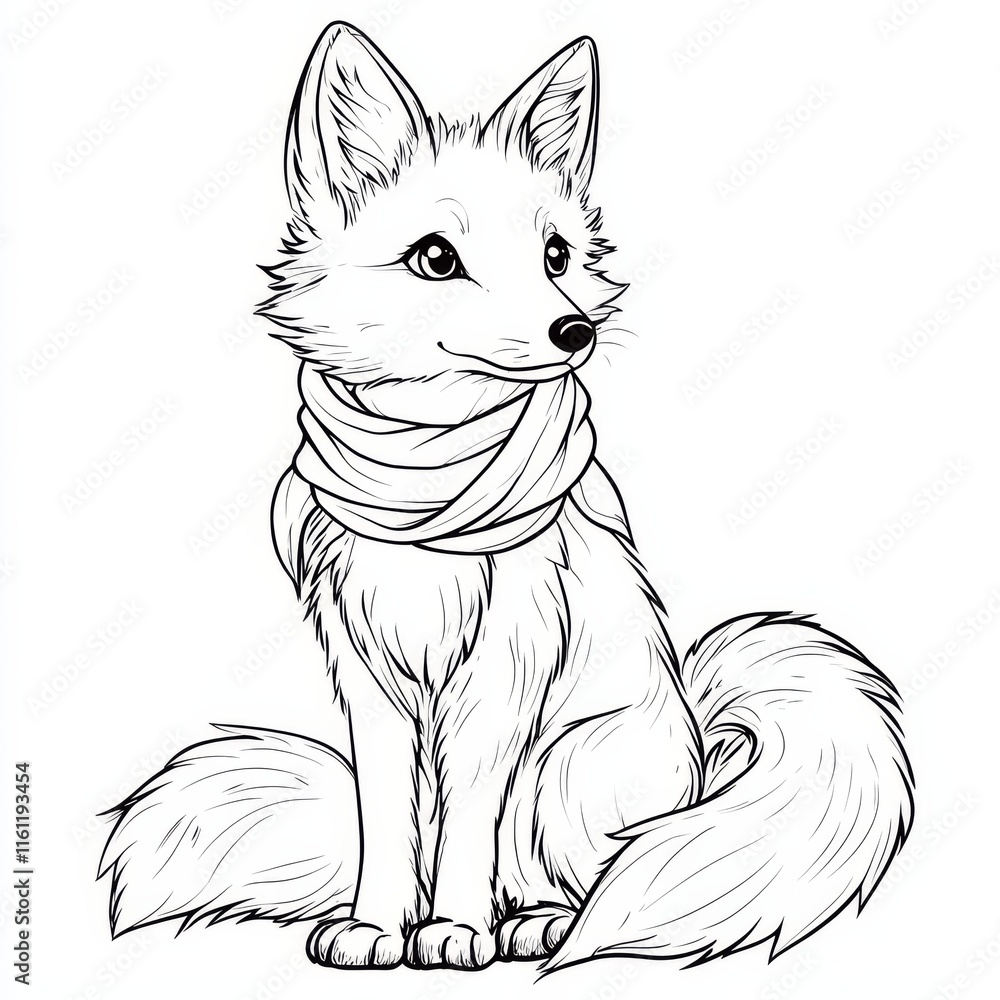 Obraz premium Cozy Fox in Scarf: An adorable fox, wrapped in a cozy scarf, sits serenely, its expressive eyes conveying warmth and gentleness. This charming line art illustration is perfect for coloring pages.