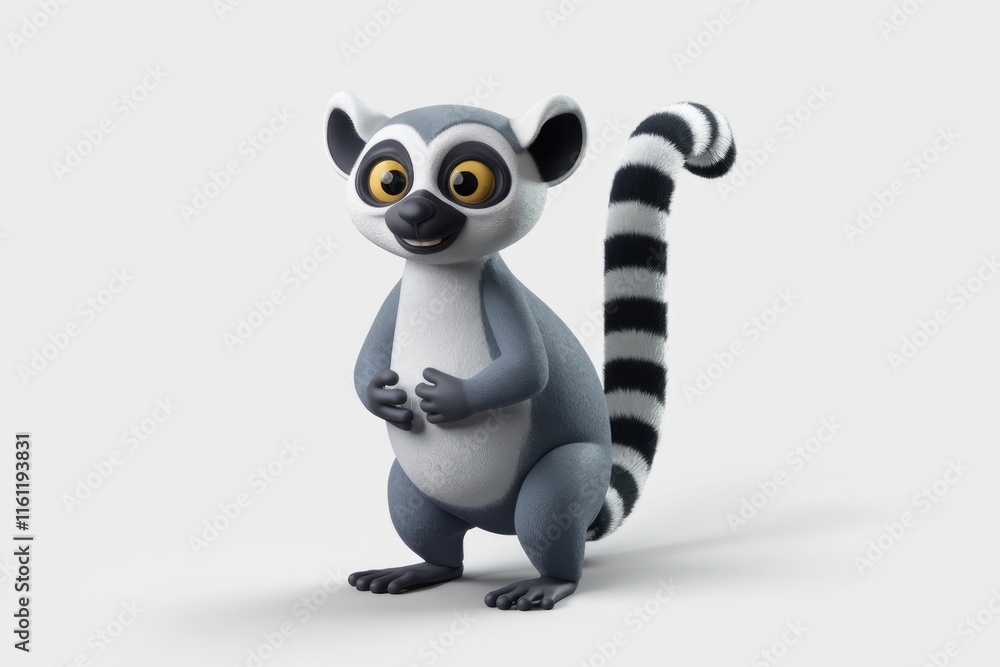 Naklejka premium A cute cartoon lemur with big eyes and a fluffy tail stands on a white background.
