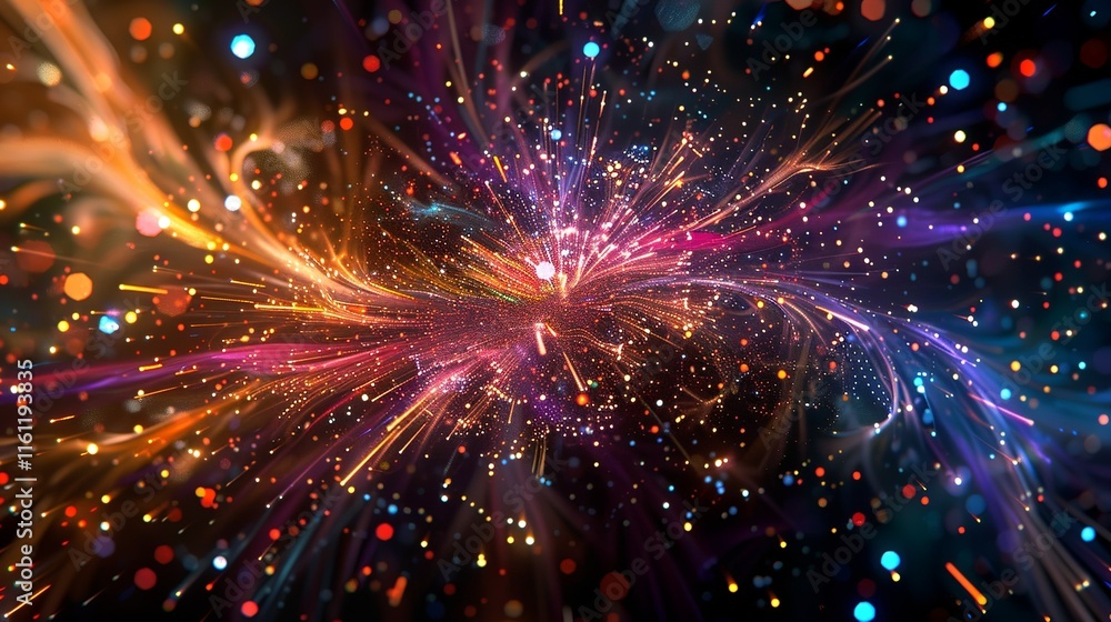 Fototapeta premium Cosmic Energy Burst with Golden and Multicolored Light Trails