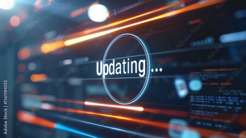 A close-up of a digital screen displaying a software update progress bar, with a blurred background of technical icons and code snippets. The screen shows a loading circle and the text A close-up of a digital screen displaying a software update progress bar, with a blurred background of technical icons and code snippets. The screen shows a loading circle and the text