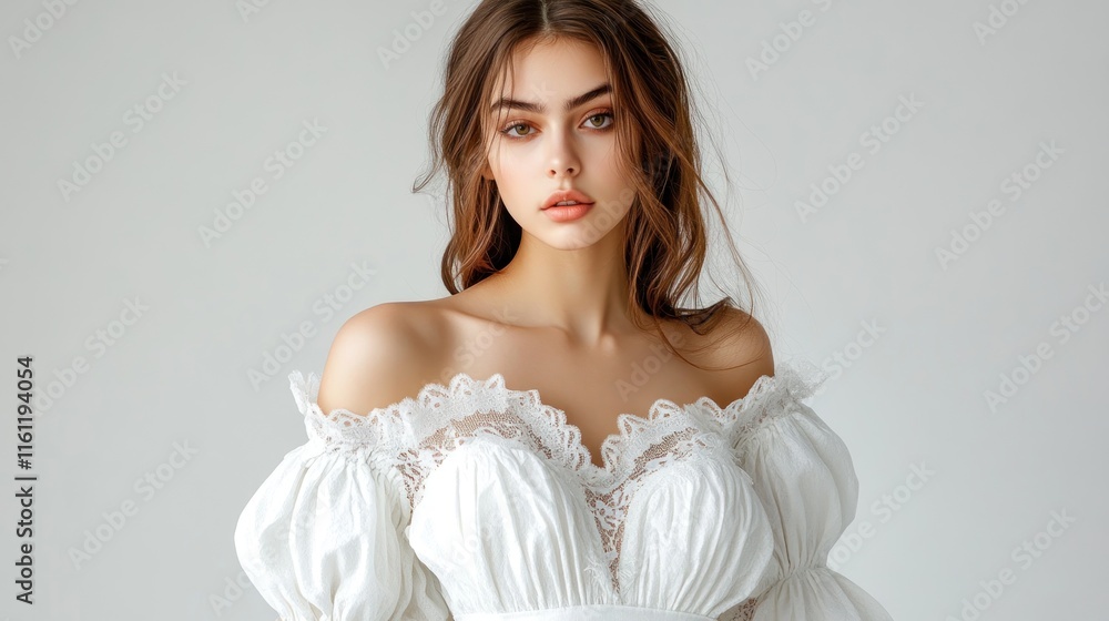 Elegant Woman in White Lace Off-Shoulder Dress Elegant Woman in White Lace Off-Shoulder Dress