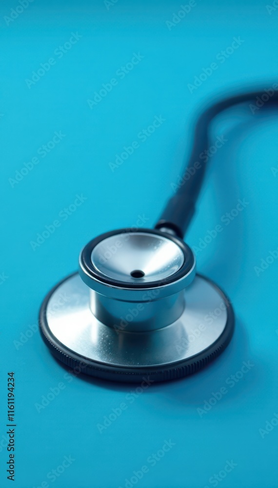 Close up of a stethoscope with heart symbol on vibrant blue background, medicine, equipment Close up of a stethoscope with heart symbol on vibrant blue background, medicine, equipment