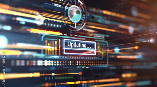 A close-up of a digital screen displaying a software update progress bar, wit...