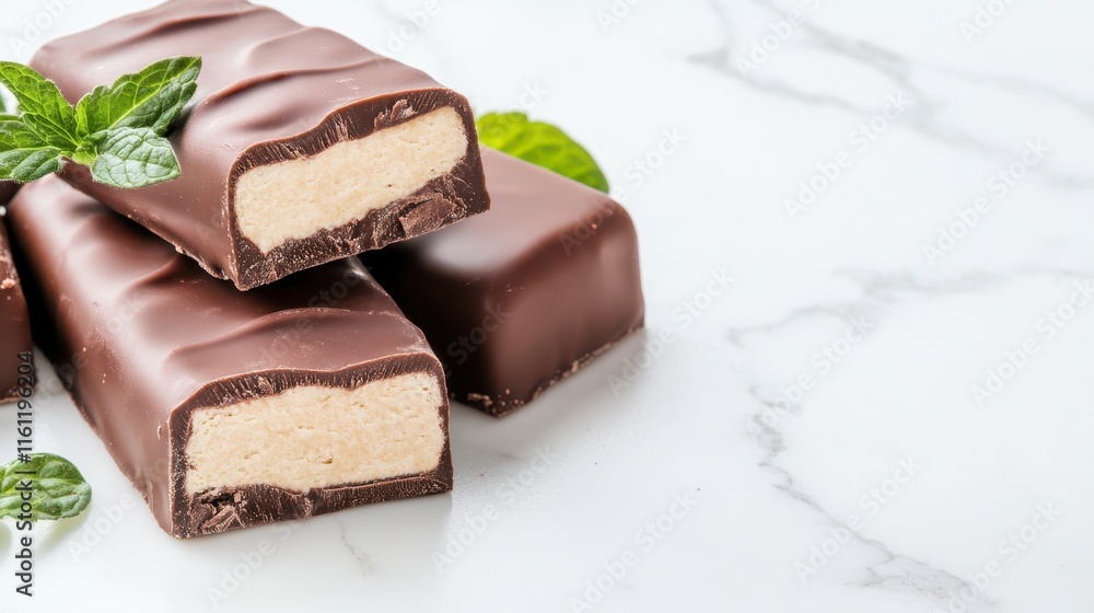 Obraz premium Chocolate Mint Delight: Indulge in the rich, creamy texture of these delectable chocolate bars, adorned with fresh mint leaves. A tempting treat for chocolate lovers. 