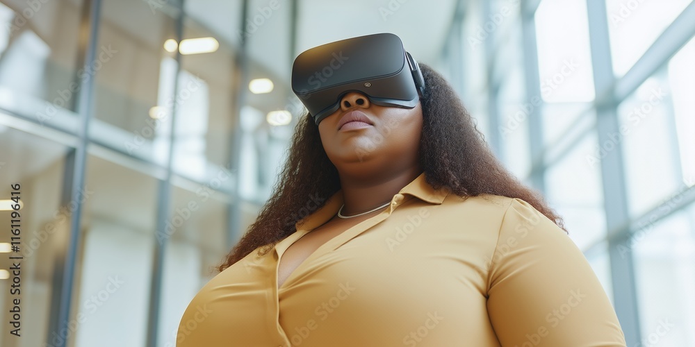African american plus size woman using virtual reality headset in modern building African american plus size woman using virtual reality headset in modern building