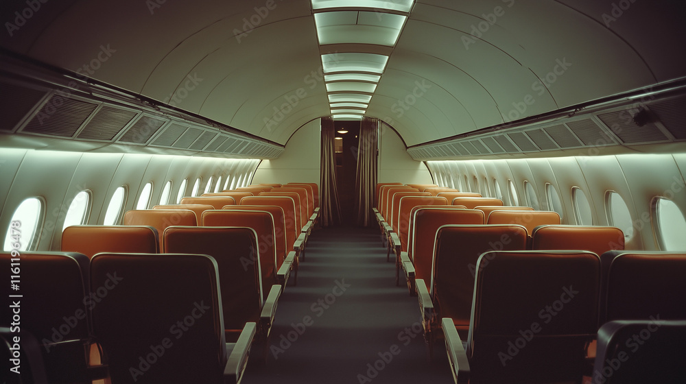 Retro Airplane Interior with Empty Orange Seats and Vintage Lighting Retro Airplane Interior with Empty Orange Seats and Vintage Lighting
