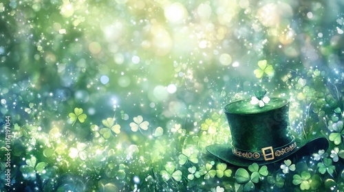 Leprechaun's Hat in a Magical Meadow: A whimsical illustration of St. Patrick's Day, featuring a leprechaun's hat nestled amidst a vibrant field of four-leaf clovers bathed in an ethereal. photo