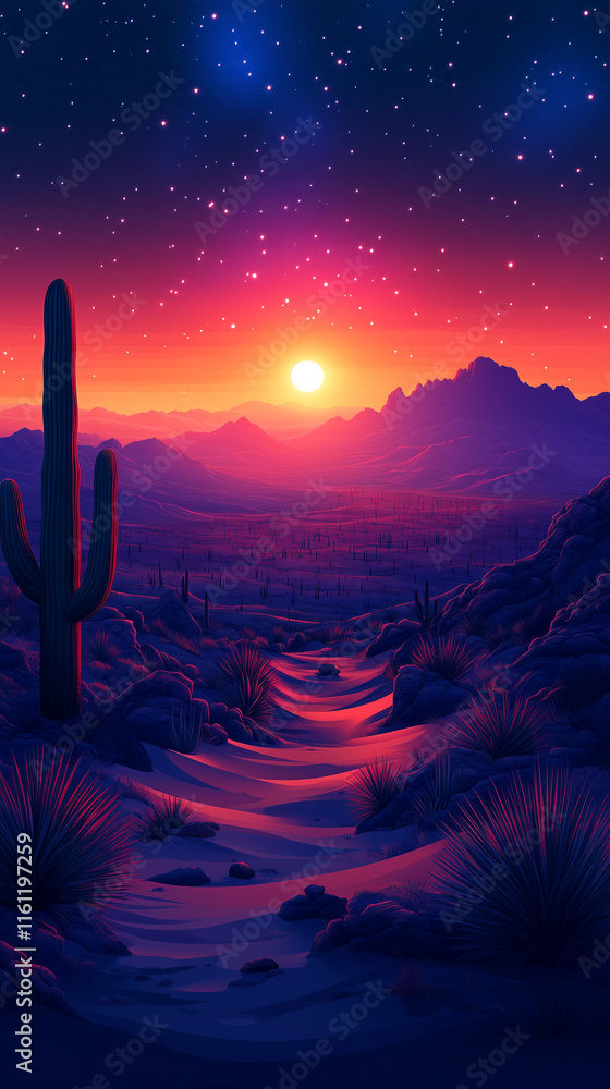 A desert landscape with a cactus under a starry night, soft gradients, 8k generative AI A desert landscape with a cactus under a starry night, soft gradients, 8k generative AI