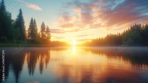 Serene Sunset over Calm Lake and Forest.