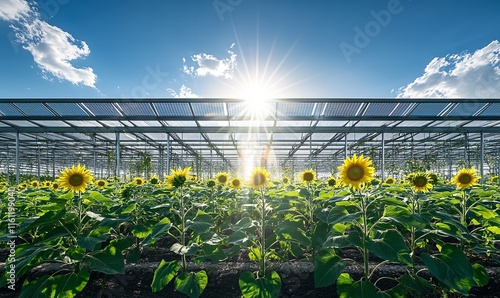 A Photovoltaic System on the Ground with Sunflowers Growing

 photo